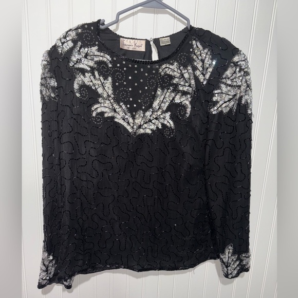 Laurence Kazar Tops - Vintage Beaded Black and Silver Embellished 100% Silk Shell Blouse| Size XL